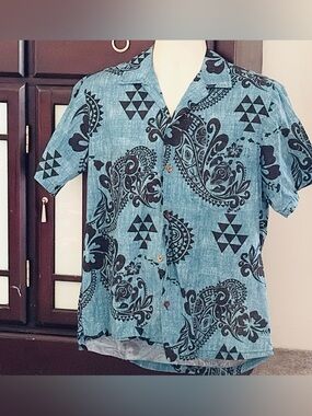 RJC Vintage Tribal Shark Tooth Hawaiian Tiki Aloha Shirt Men’s Size Medium EUC
